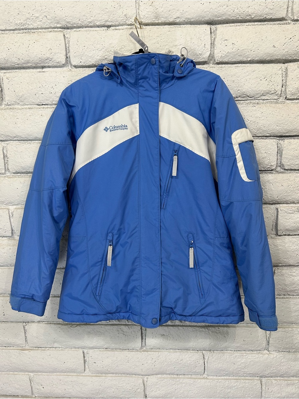 Columbia Blue White Hooded Winter Jacket‎ Fleece Lined Women’s Large